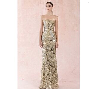 Cult Mia Hacchic Couture Strapless Gold Sequin Evening Gown